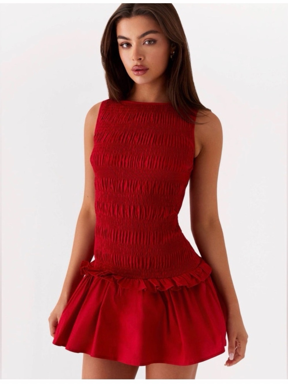 EUC MABLE  Red Smocked Sleeveless Mini Dress with Ruffle Hem Size small